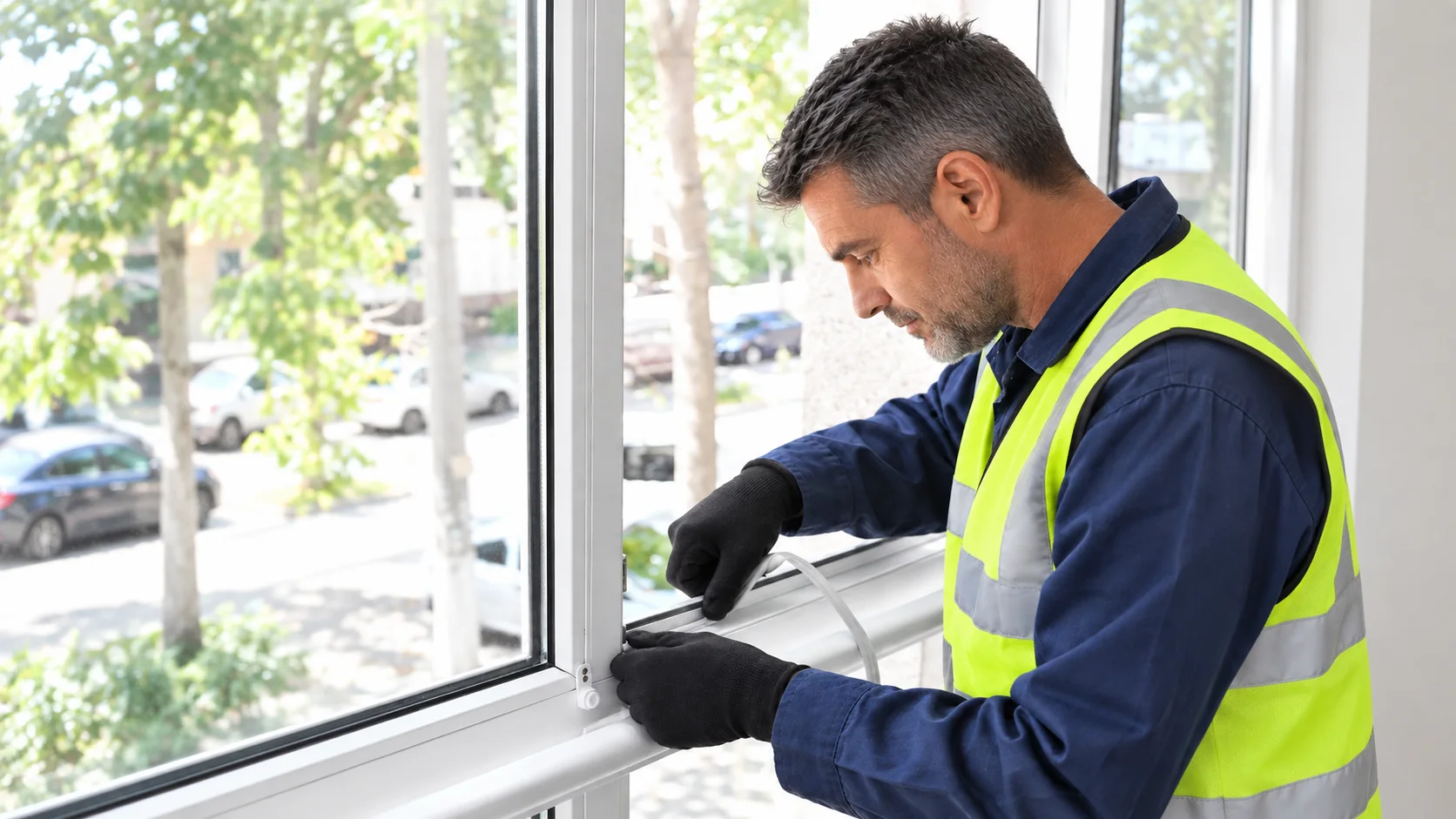 Illustration of a technician fitting a seal along an opening window frame.