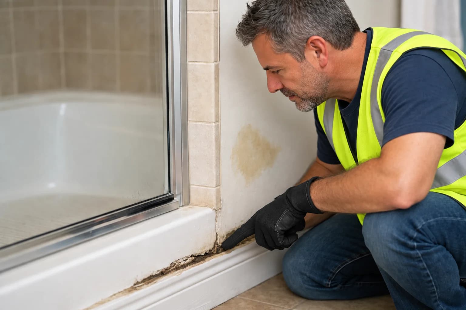 Illustration of a technician pointing to damaged trim and staining beside a shower.
