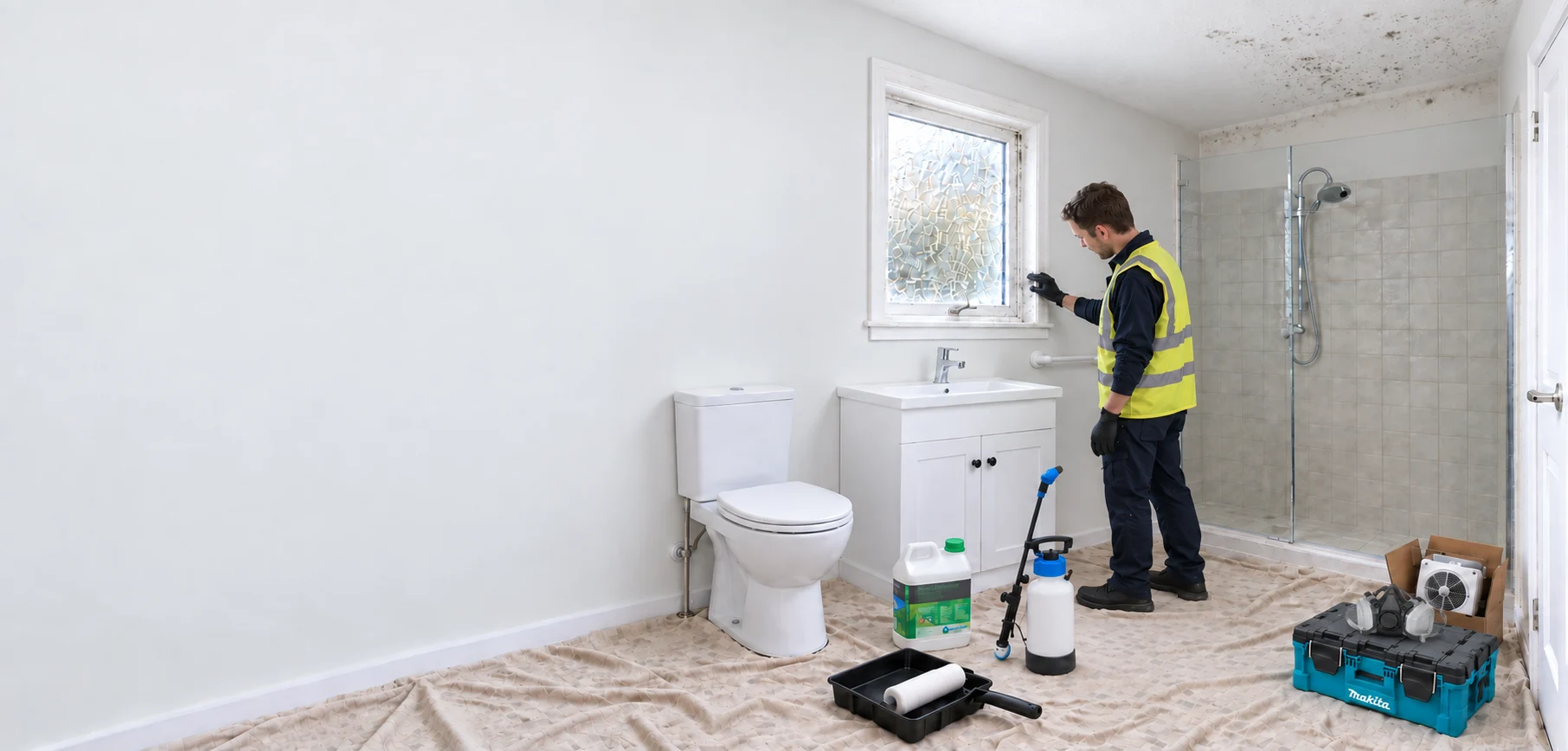 Illustrative bathroom scene of a technician inspecting a window frame, with mould-treatment equipment, a paint roller and a boxed extractor fan ready nearby.